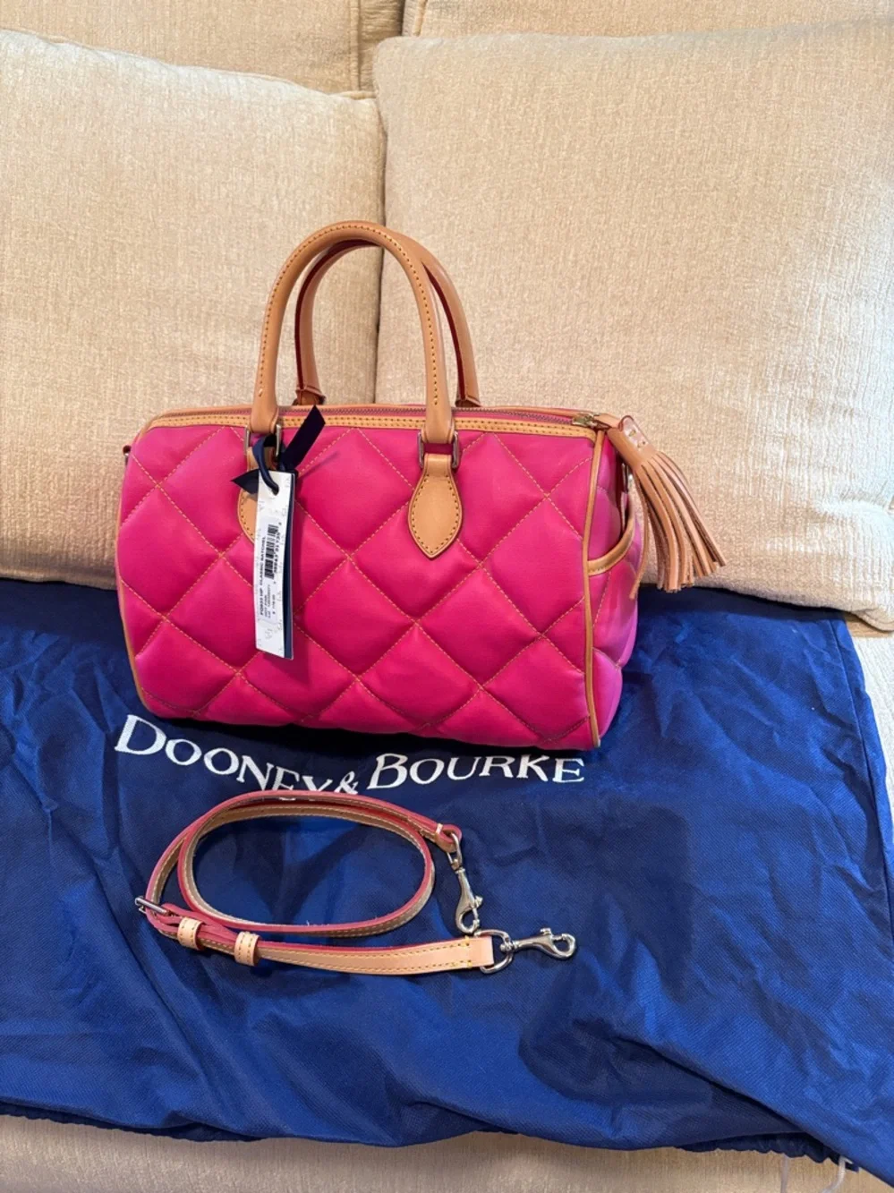 Dooney & Bourke Fuchsia Quilted Satchel with Tan Leather Trim - Picture 2 of 12